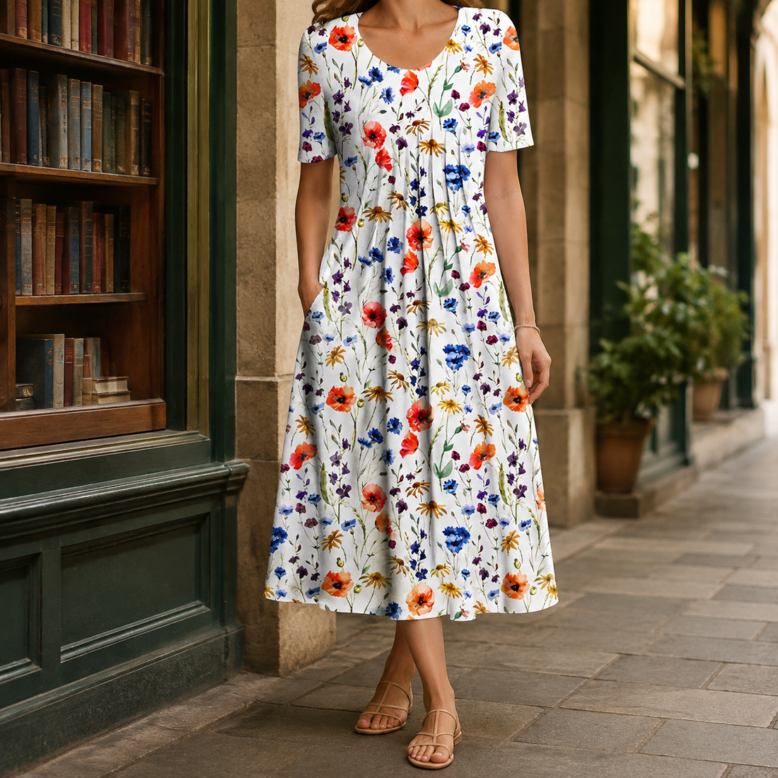 Lara-Elise Pleated Midi Dress - White And Red