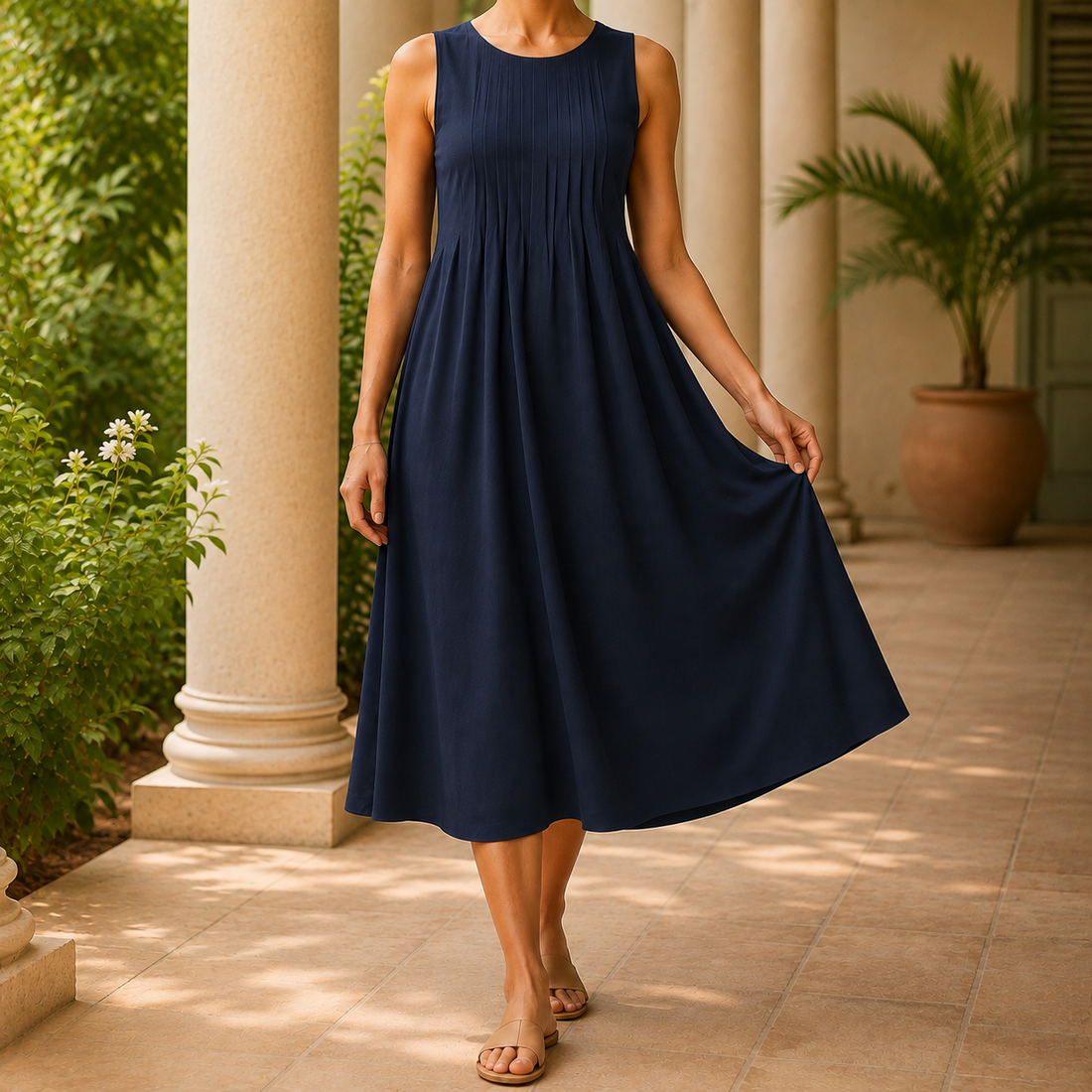 Penelope-Faye Pleated Midi Dress - Navy Blue
