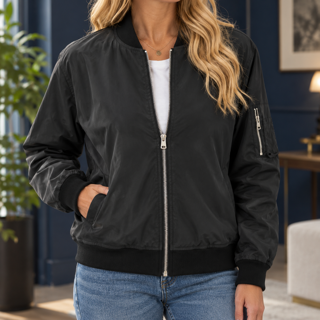Ludovica Zip Bomber Jacket - Black