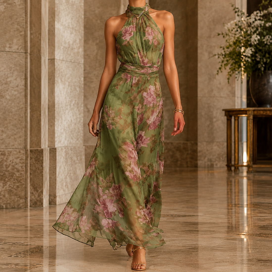 Nora-Pearl Halter Maxi Dress - Green