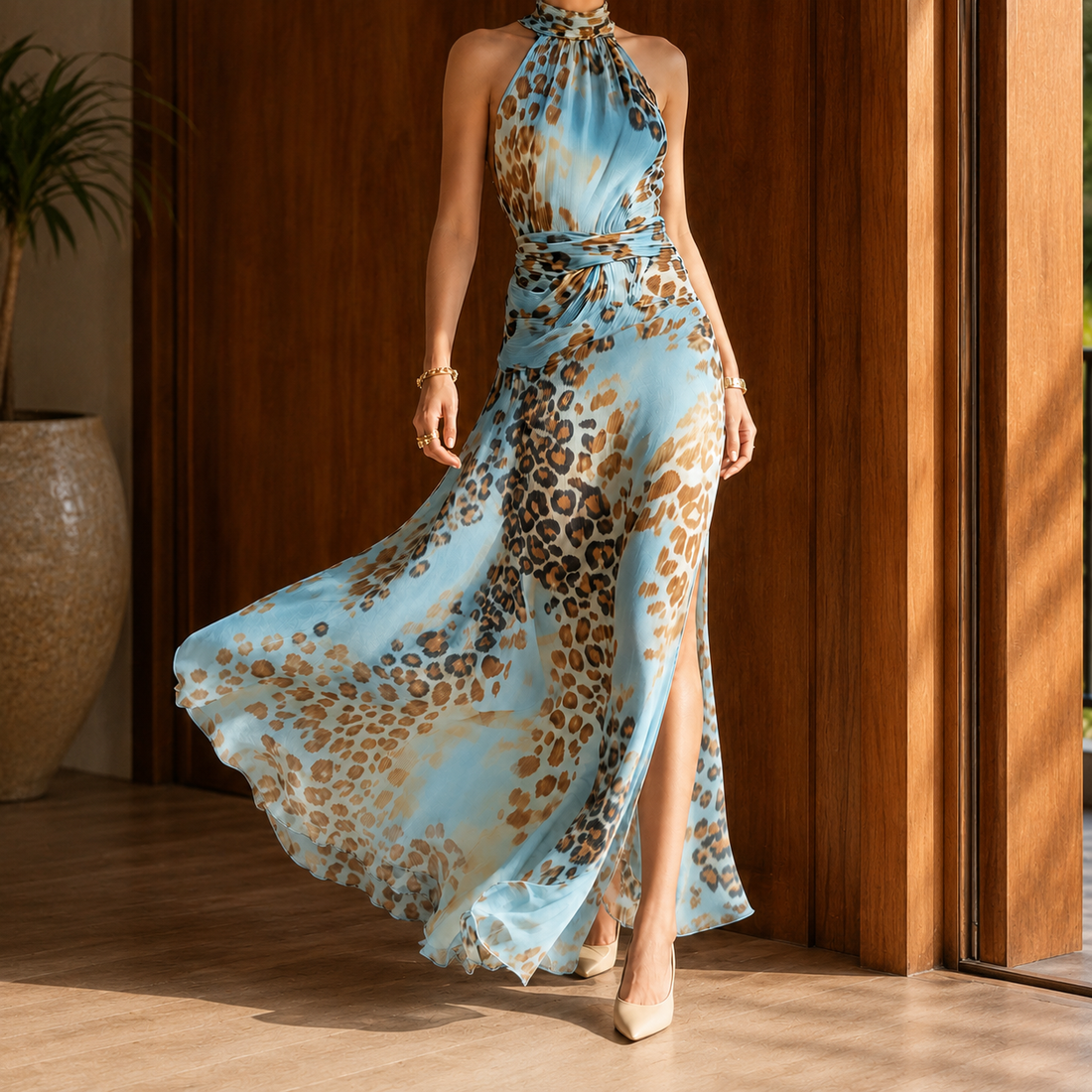 Faye Leopard Maxi Dress - Light Blue Leopard