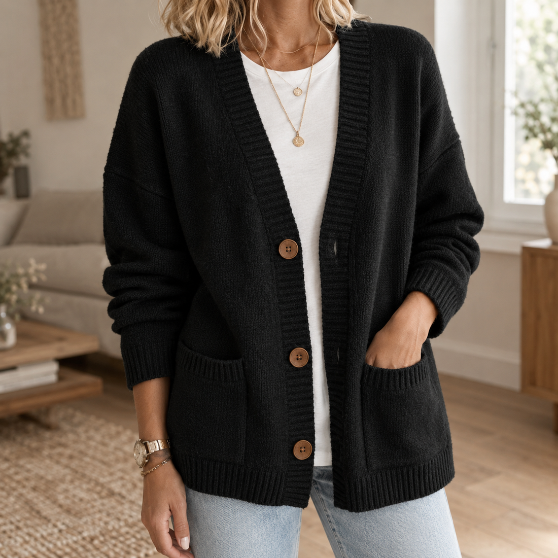 Stephanie-Claire Ribbed Cardigan - Black