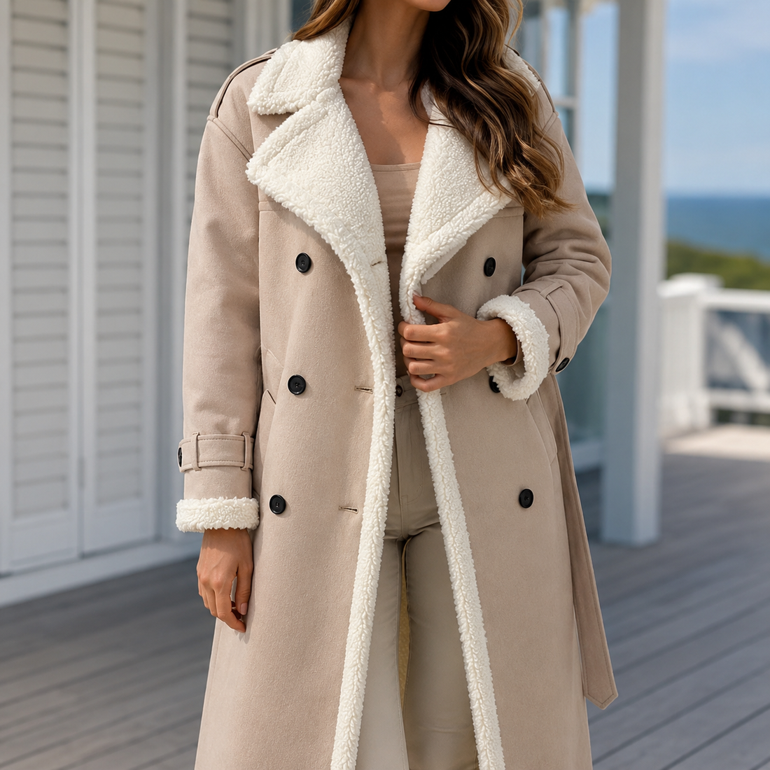 Soledad-Louise Contrast Trim Coat - Beige