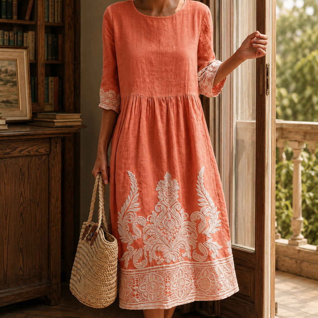 Romy Embroidered Midi Dress - Coral