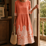 Romy Embroidered Midi Dress - Coral