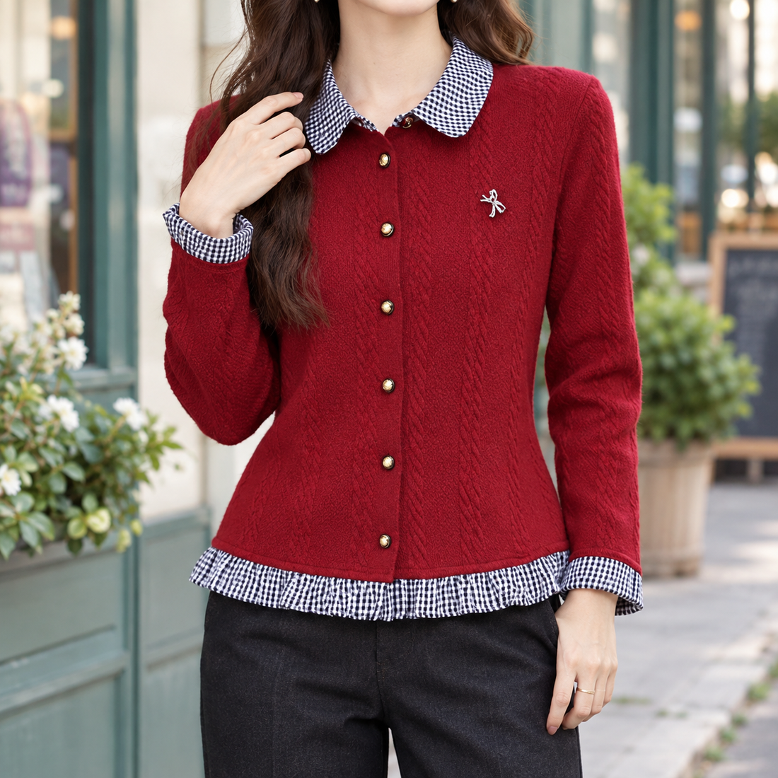 Albertine Checked Cardigan - Red