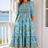 Helena Smocked Midi Dress - Aqua Floral