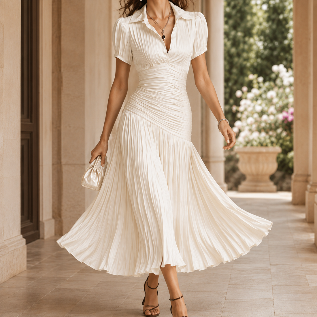 Cordelia Ruched Midi Dress - Milky White