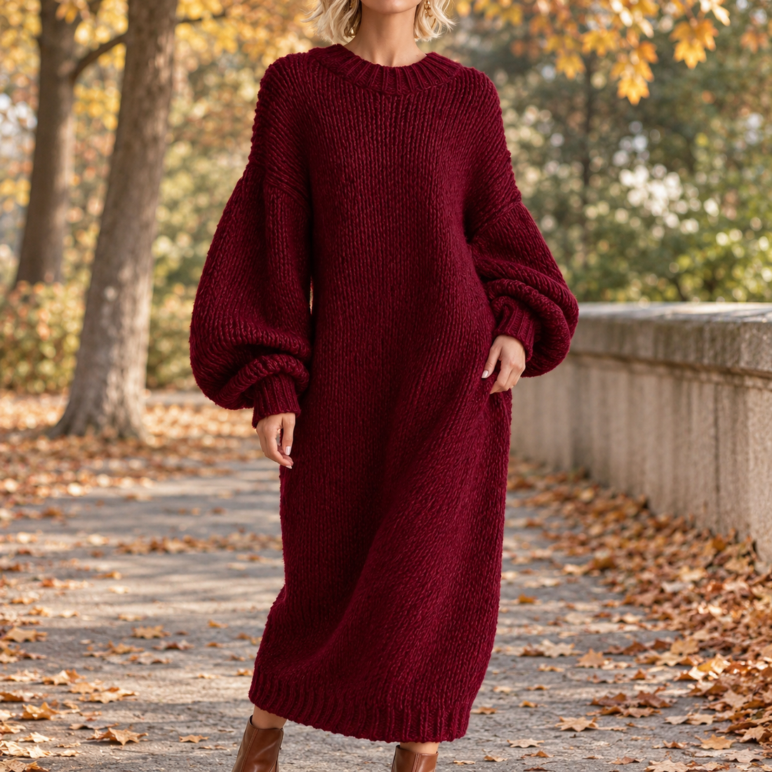 Emery-Jane Lantern Sleeve Dress - Deep Red