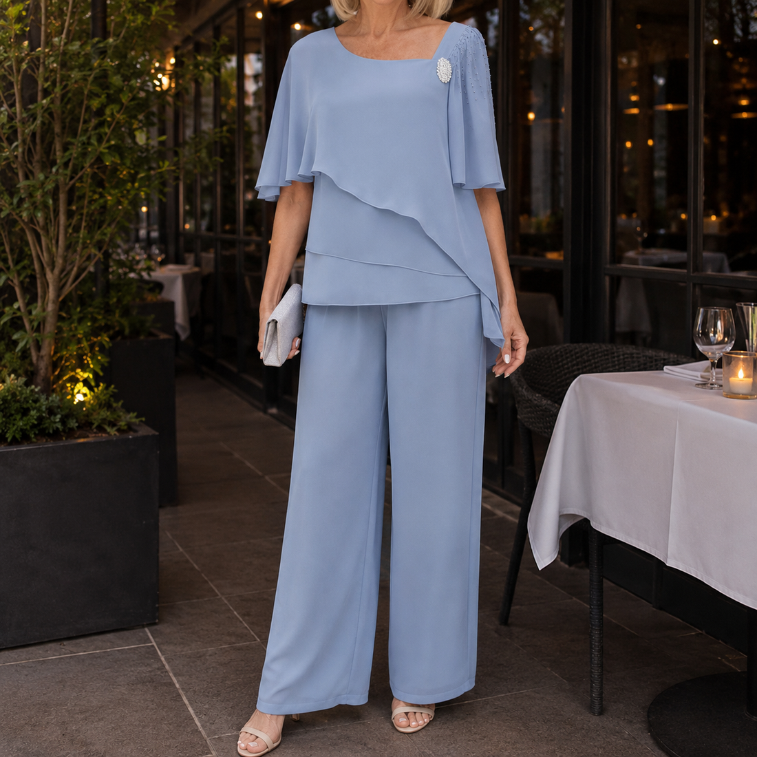 Rosalie-Claire Asymmetric Pants Set - Light Blue