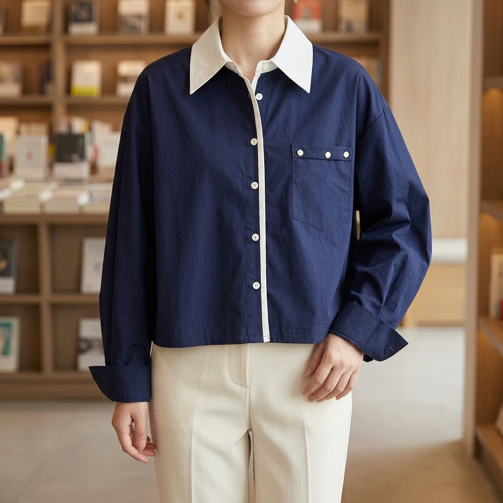 Willa Contrast Collar Shirt - Navy Blue