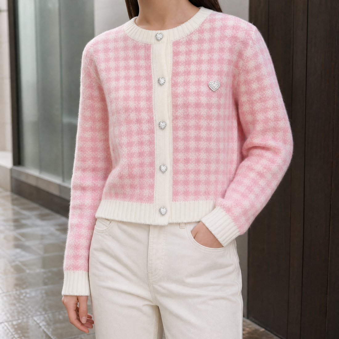 Ashley Houndstooth Cardigan - Powder