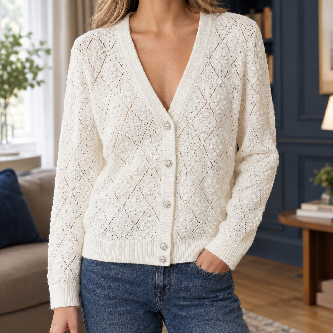 Fraser Pointelle Cardigan - Moonlight White
