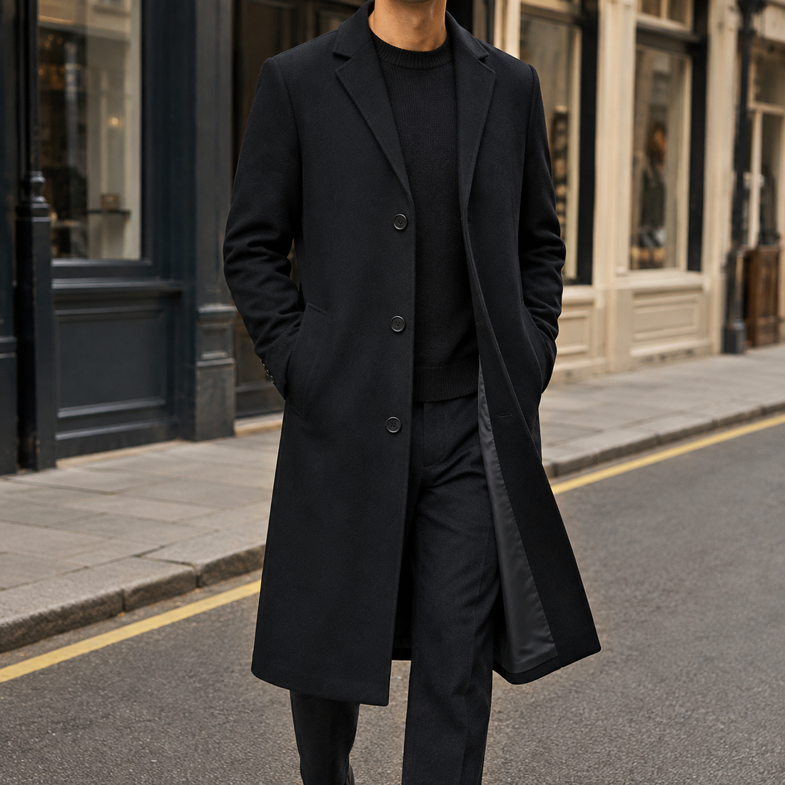 Halvard Single Breasted Overcoat - Black