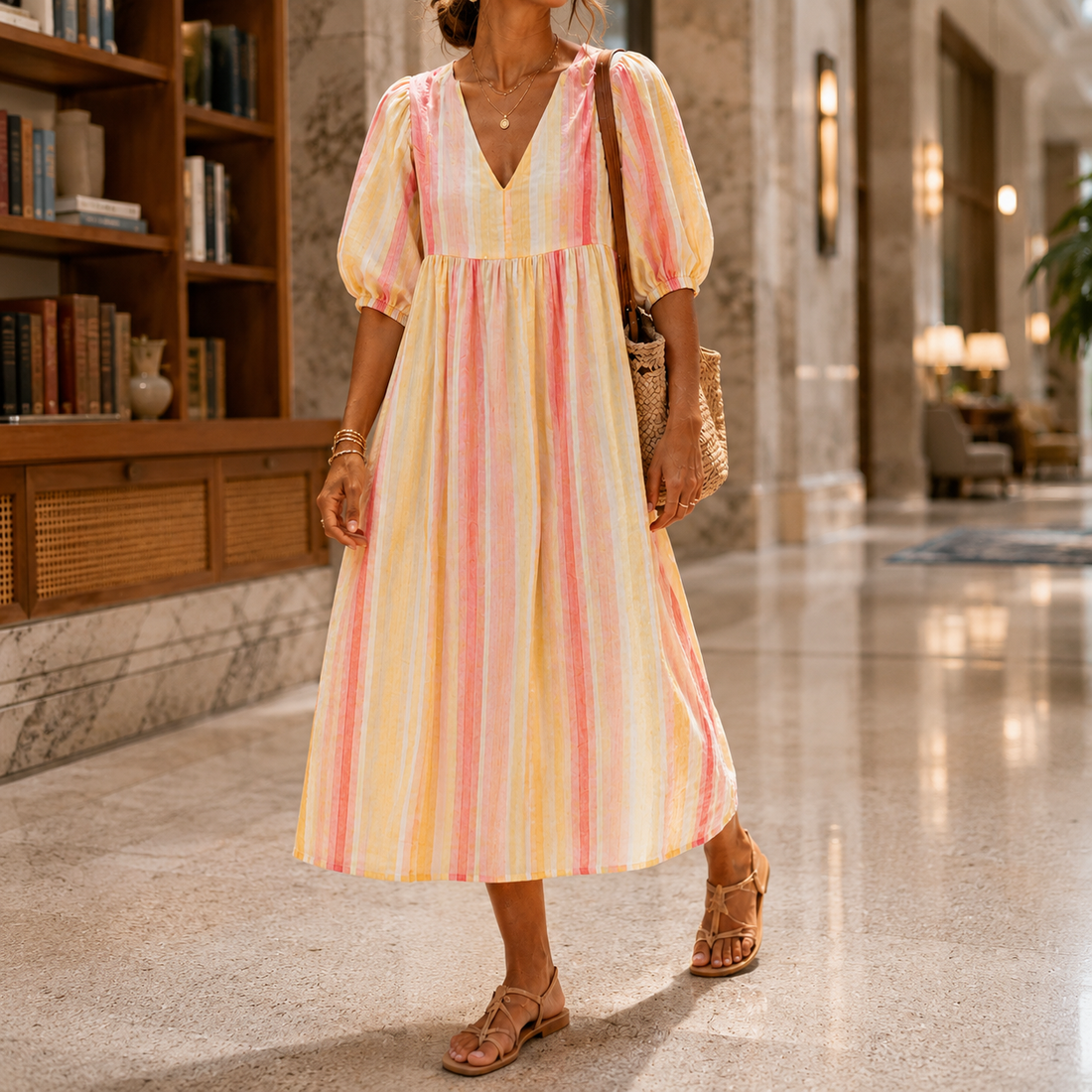 Evangeline Striped Midi Dress - Orange