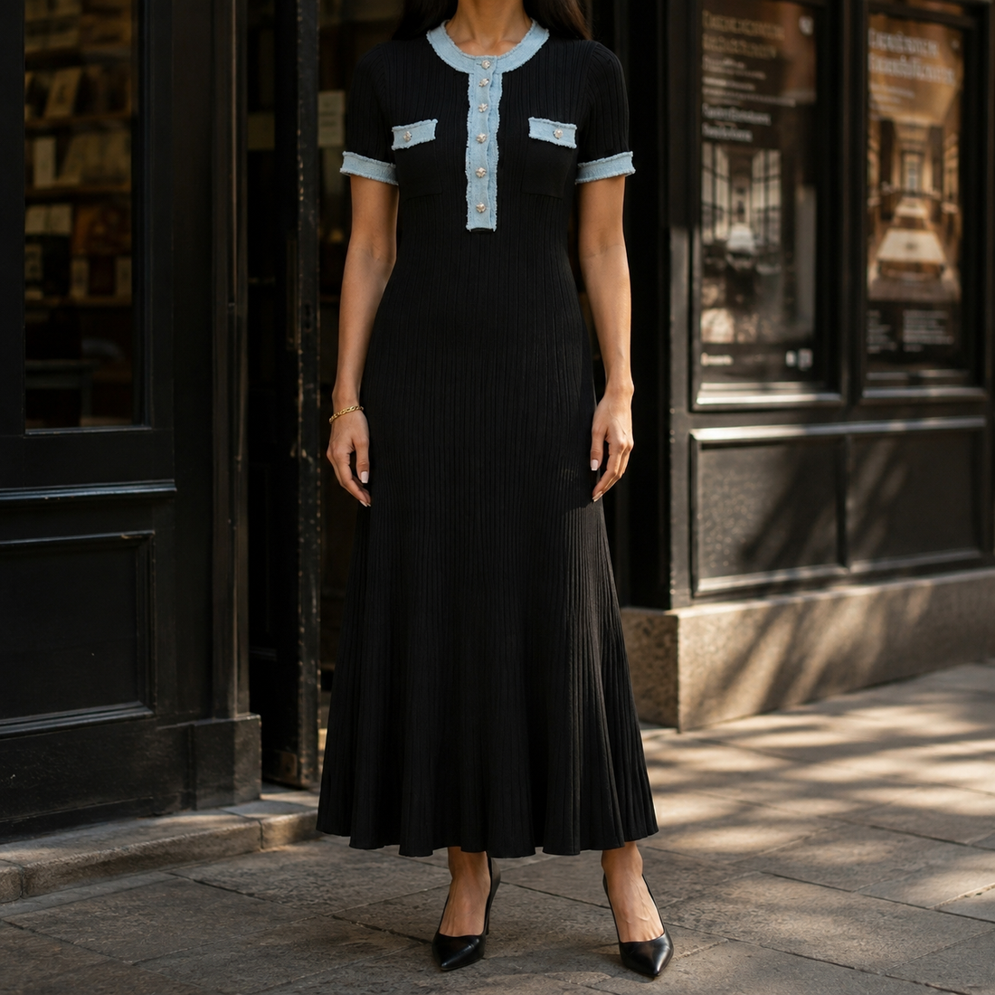 Estella Ribbed Midi Dress - Black