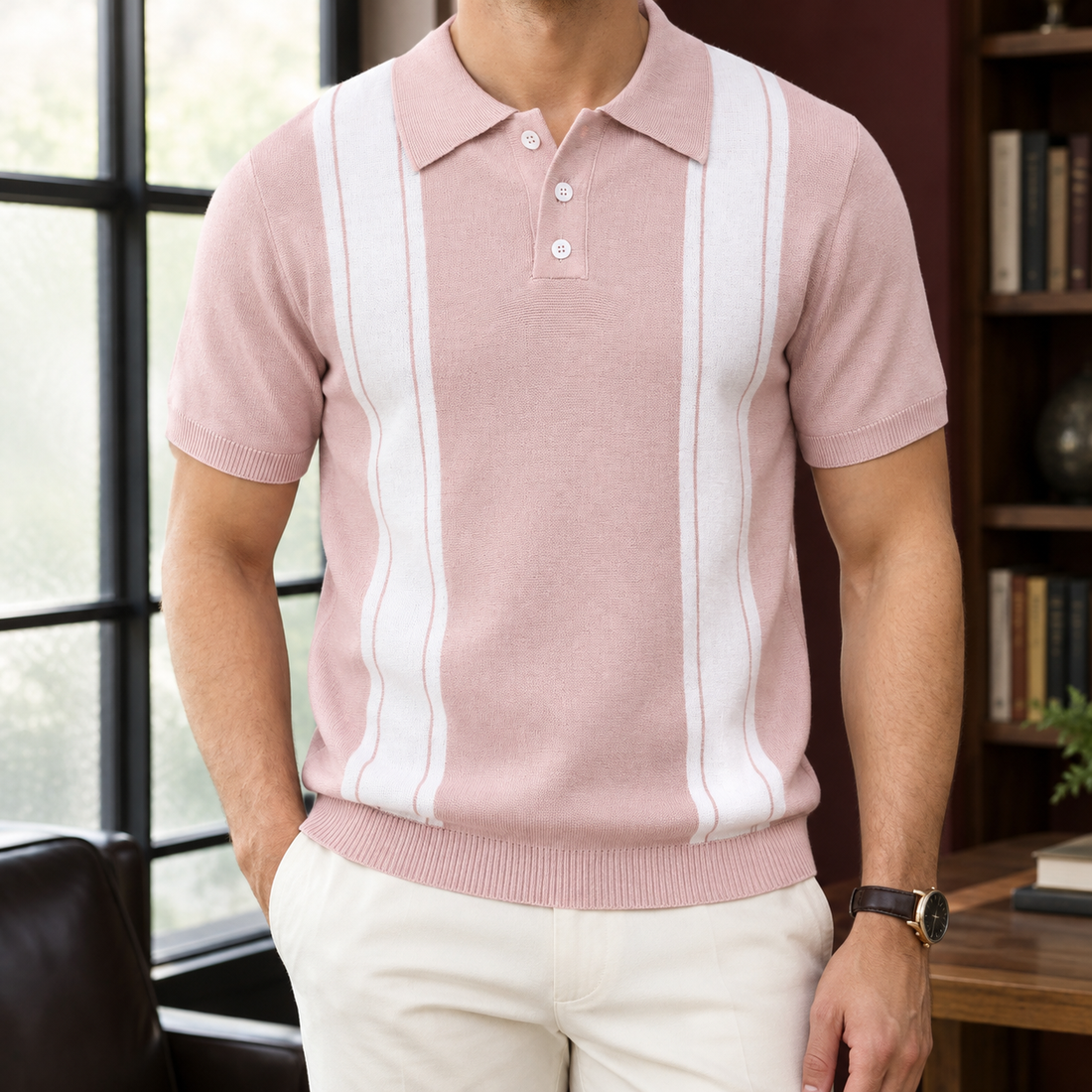 Montague-Grant Striped Knit Polo - Pink