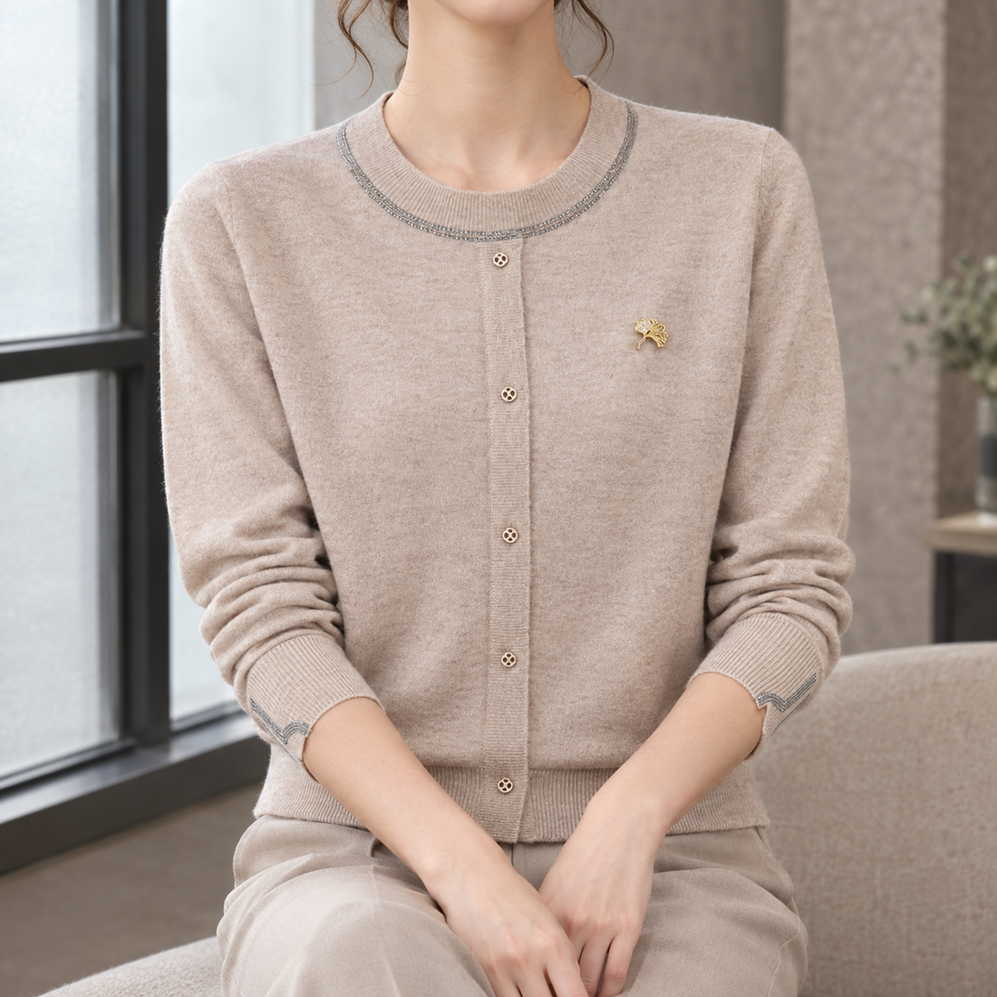 Halcyon-Rose Trimmed Knit Cardigan - Beige