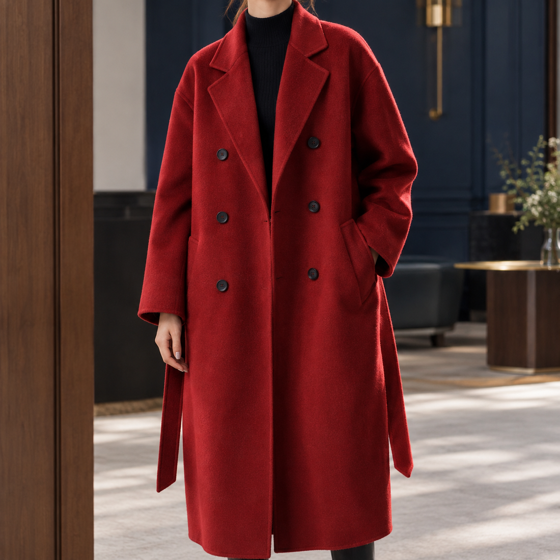 Briony Double-Breasted Coat - Wine Red