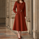 Autumn-Jade Belted A-Line Dress - Orange Red