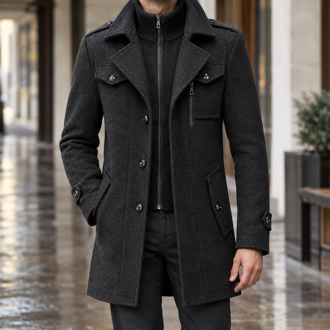 Caspian-Dean Wool Coat - Black