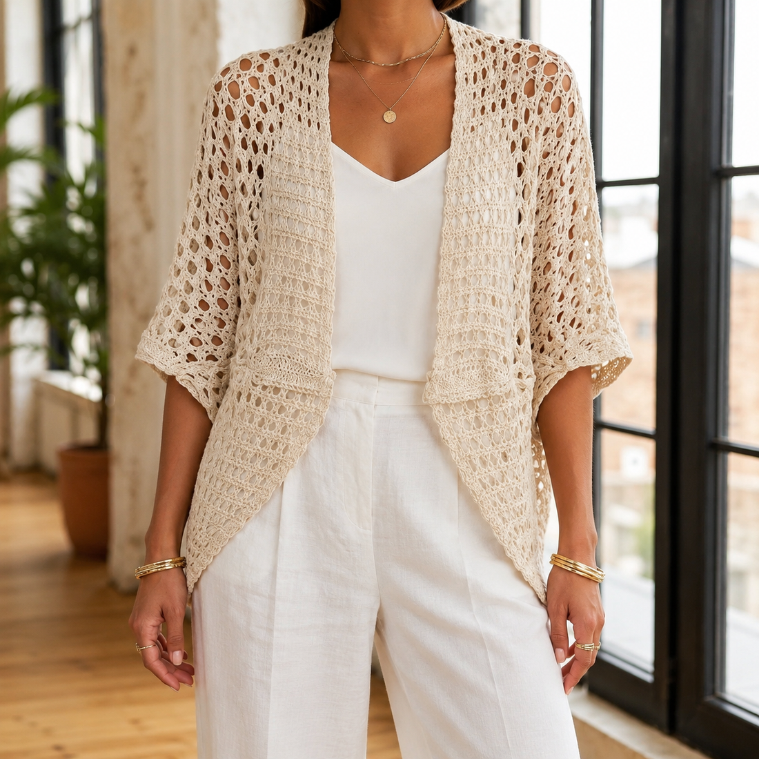 Leonie-Marie Open-Knit Cardigan - Beige
