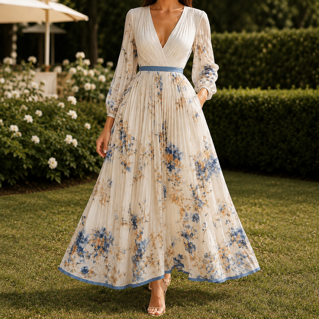 Giselle Pleated Maxi Dress - Ivory Floral