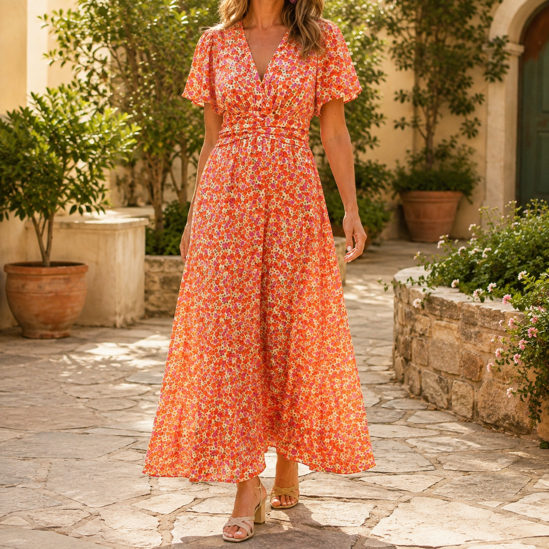 Grace Ruched Maxi Dress - Orange