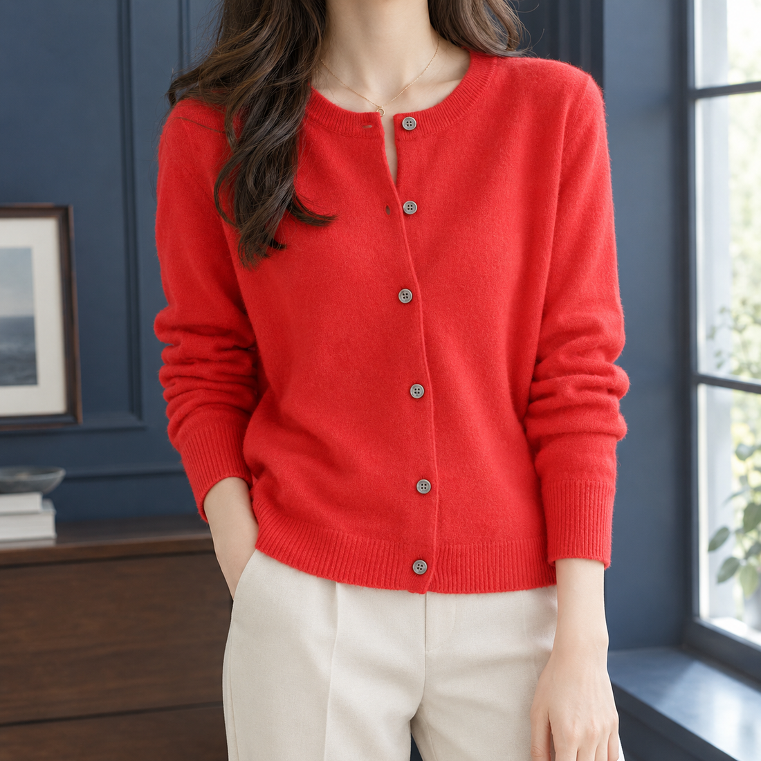 Lillian-June Round Neck Cardigan - Red
