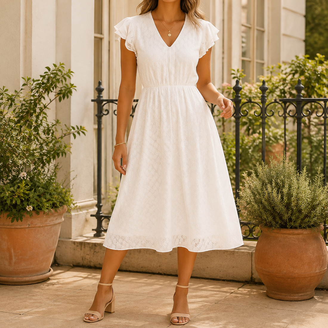 Carmen-Faye Flutter Sleeve Dress - White