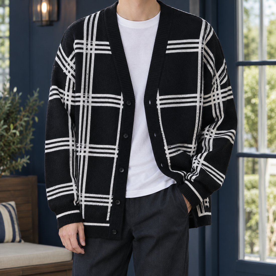 Norbert Plaid Cardigan - Black White