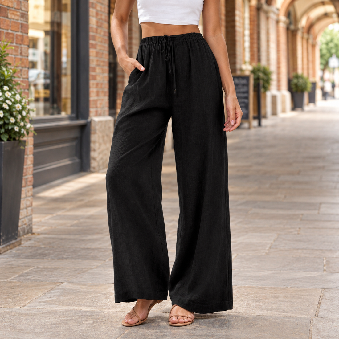Yolande-Pearl Wide Leg Pants - Black