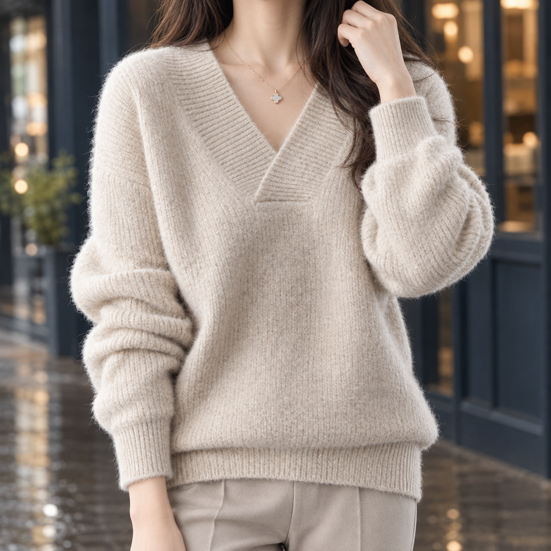Joelle V Neck Sweater - Creamy-white