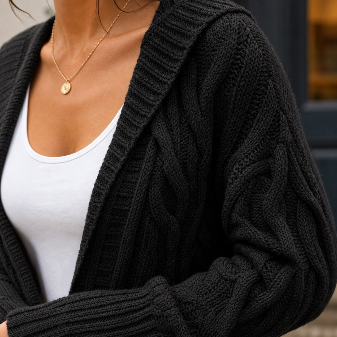 Madeline-Faye Cable Knit Cardigan - Lead Product Detail