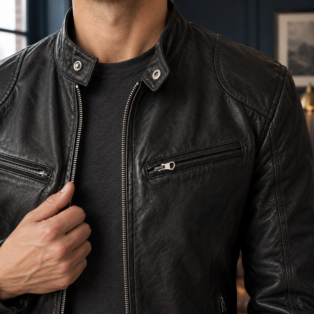 Alec Leather Moto Jacket - Lead Product Detail