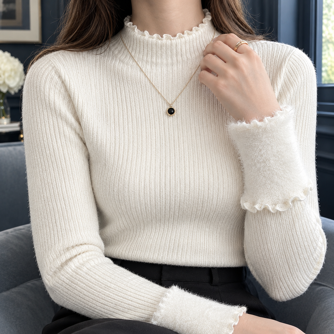 Savannah Ruffle Trim Sweater - Lead Product Detail