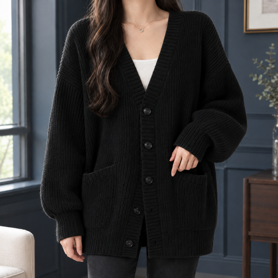Fernanda-Kate Ribbed Cardigan - Black