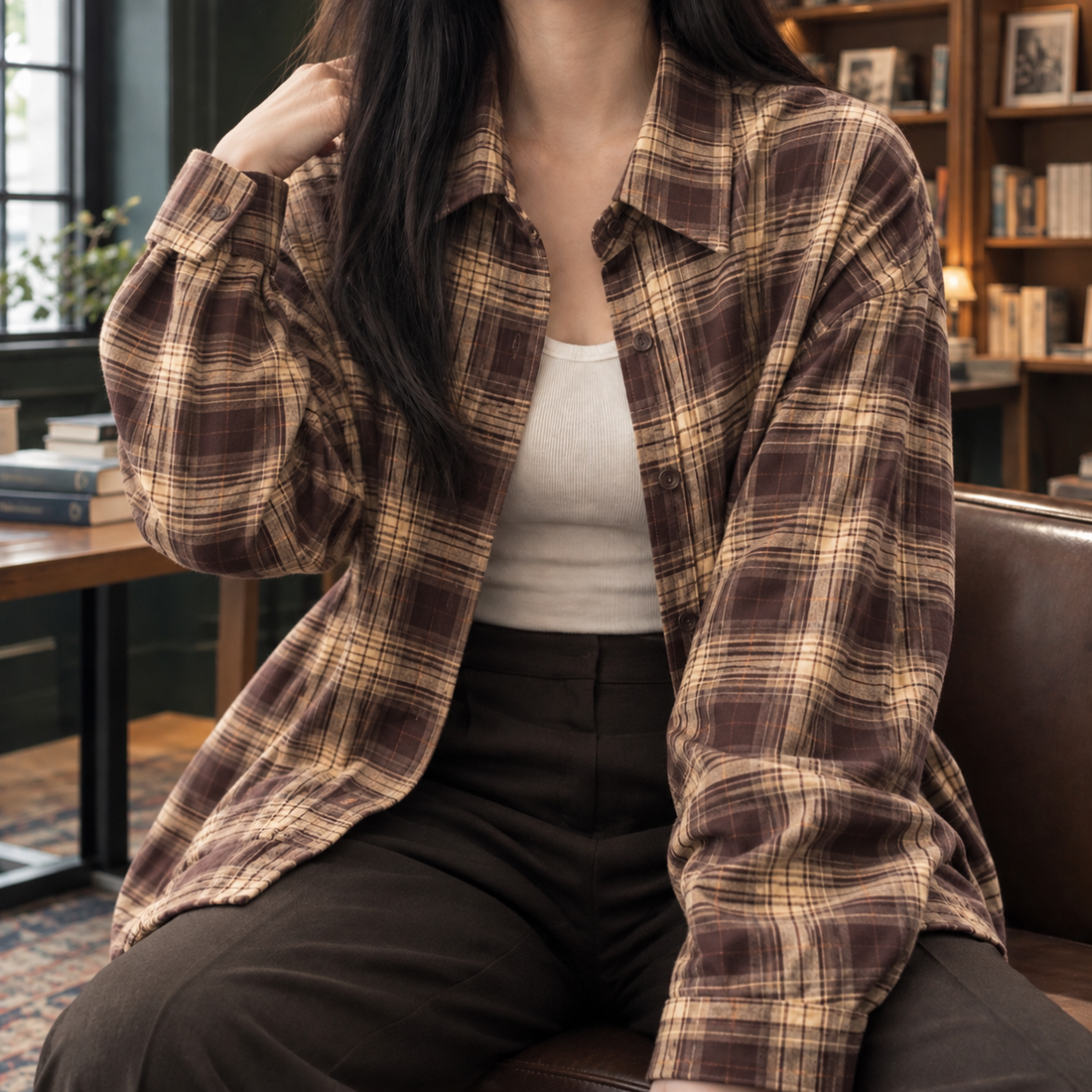 Honora-Sage Plaid Overshirt - Brown Check