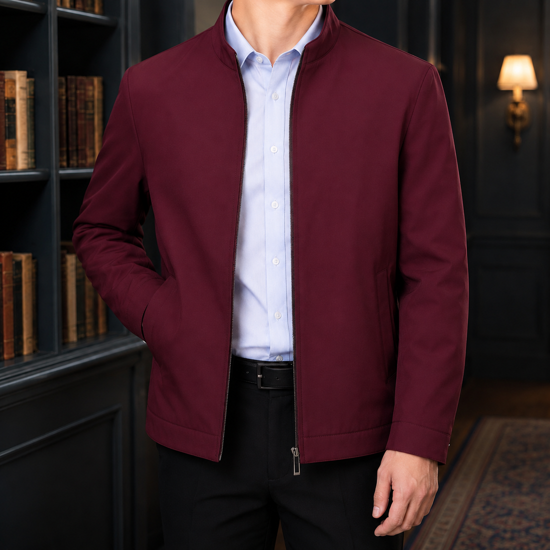 Barnaby Zip Jacket - Wine Red Stand Collar