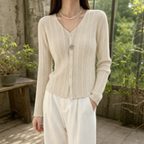 Elle-Pearl Ribbed Cardigan - Apricot