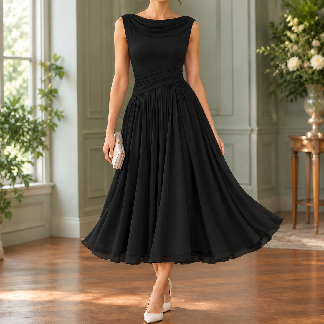 Calla-Grace Draped Midi Dress - Black