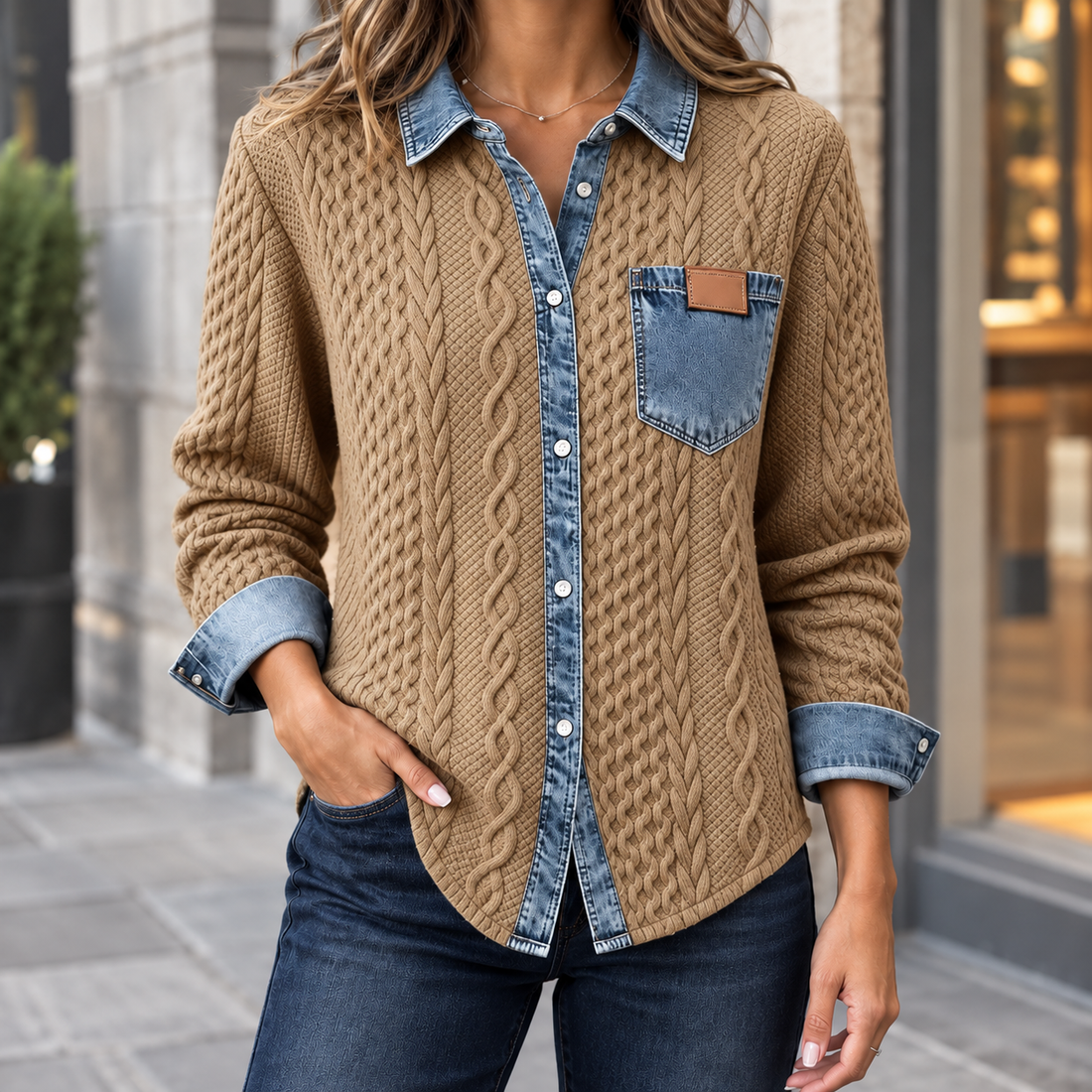 Adrienne-Lane Denim Knit Overshirt - Camel