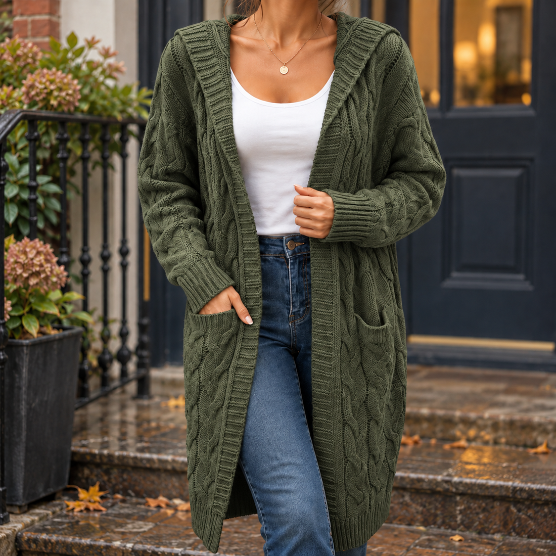 Madeline-Faye Cable Knit Cardigan - Army Green