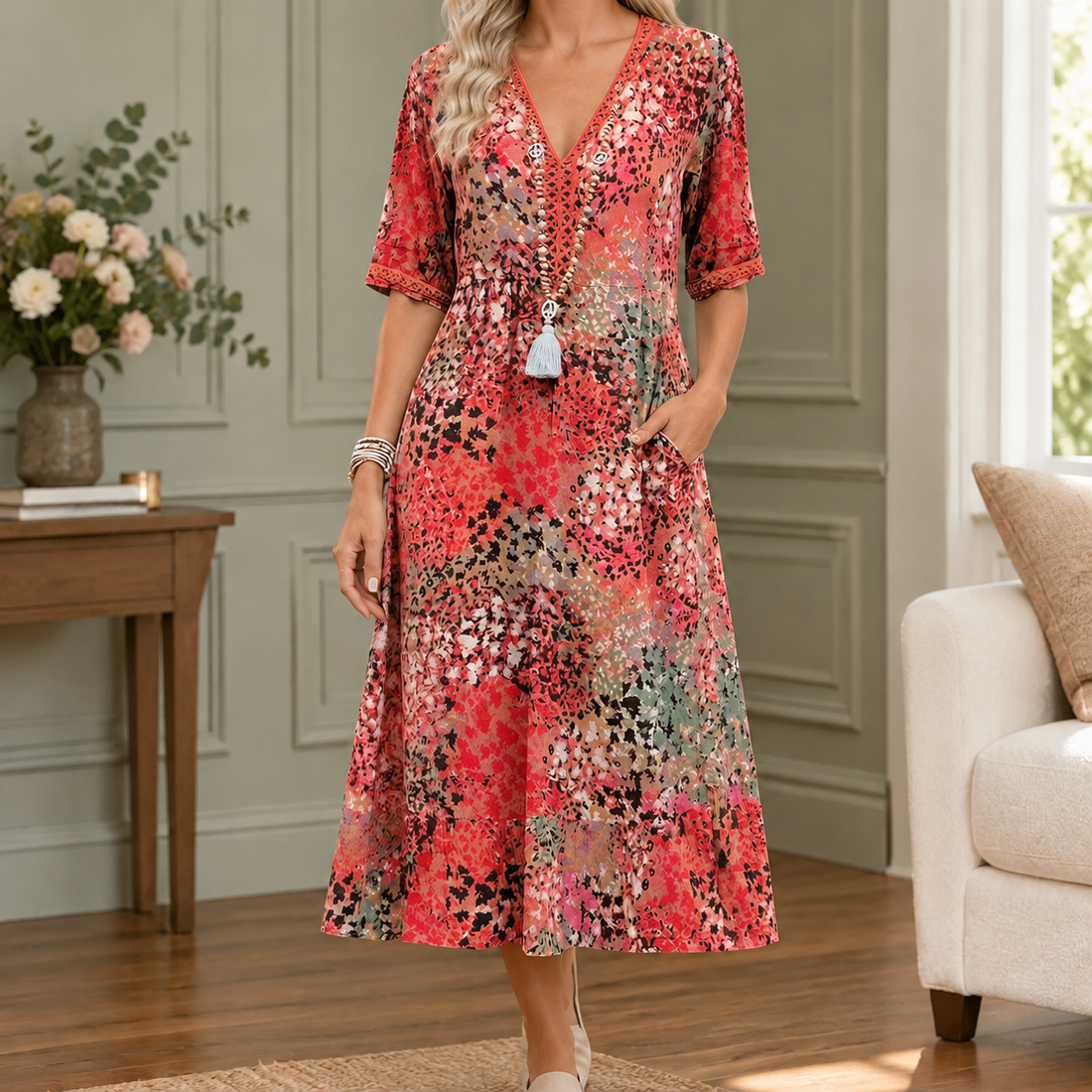 Olympia-Hope V-Neck Midi Dress - Red