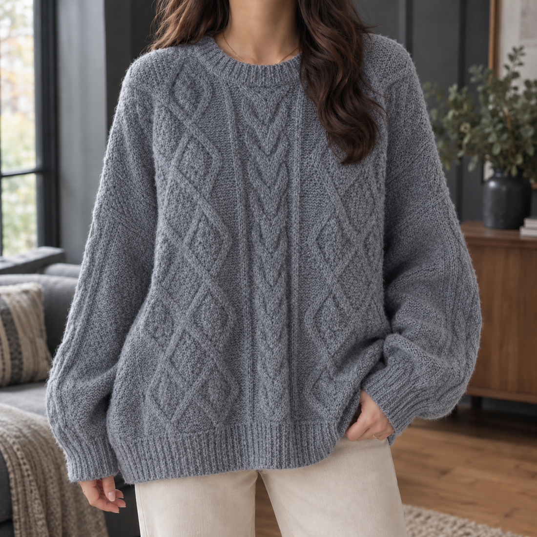 Ilaria-Sage Cable Sweater - Gray