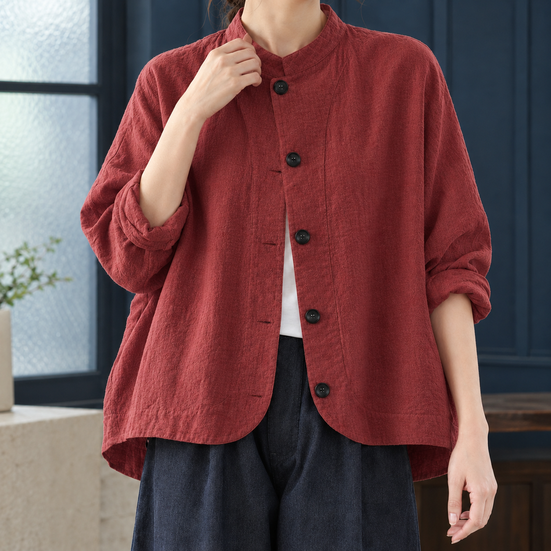 Stella-Marie Stand Collar Jacket - Red