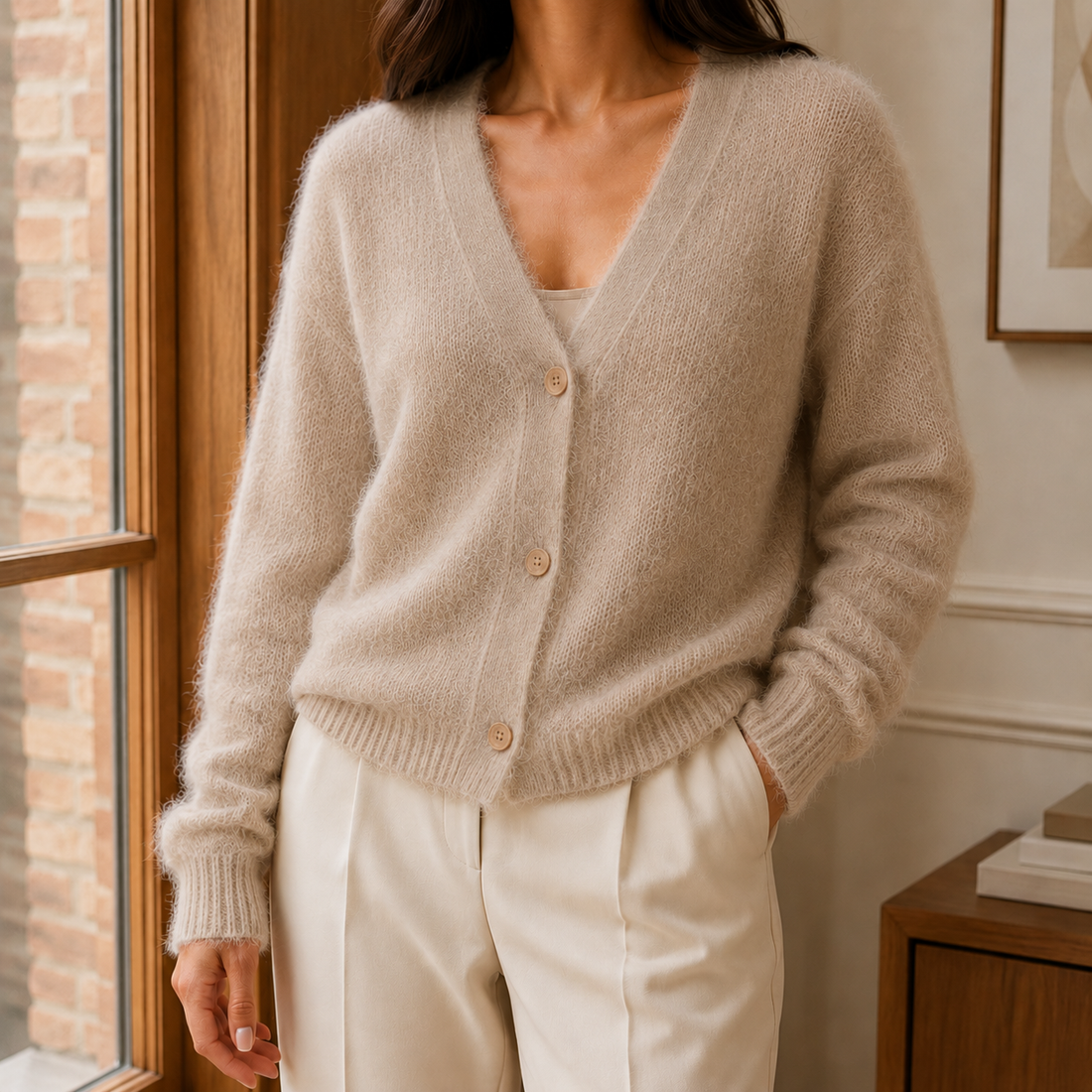 Clara-Pearl V-Neck Sweater - Khaki