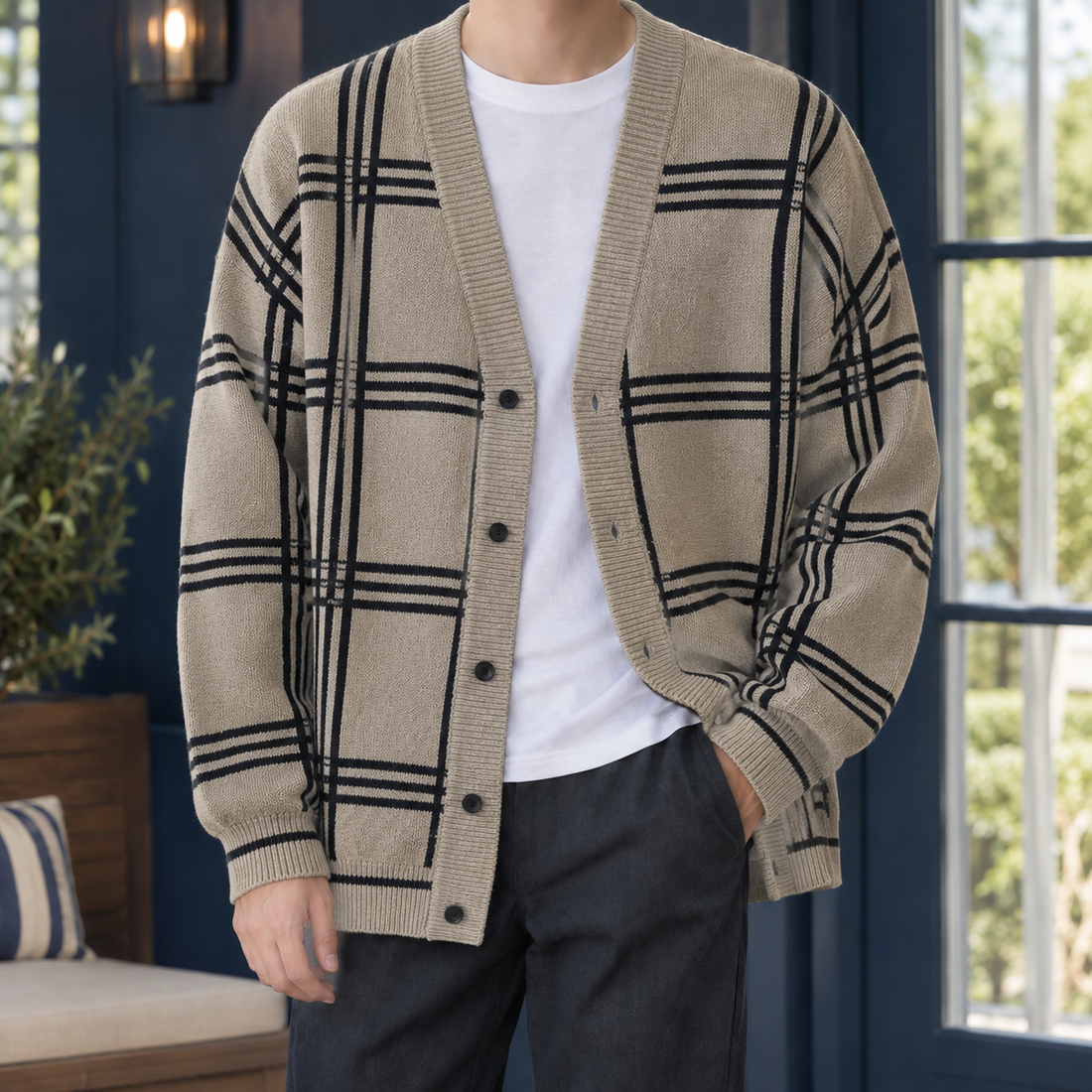 Norbert Plaid Cardigan - Khaki