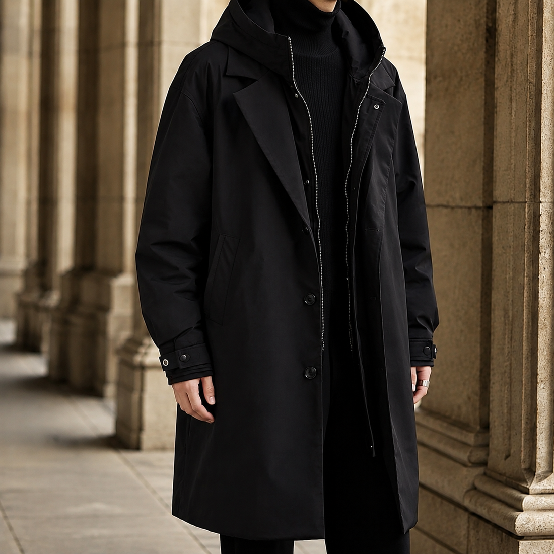 Roman Hooded Overcoat - Black