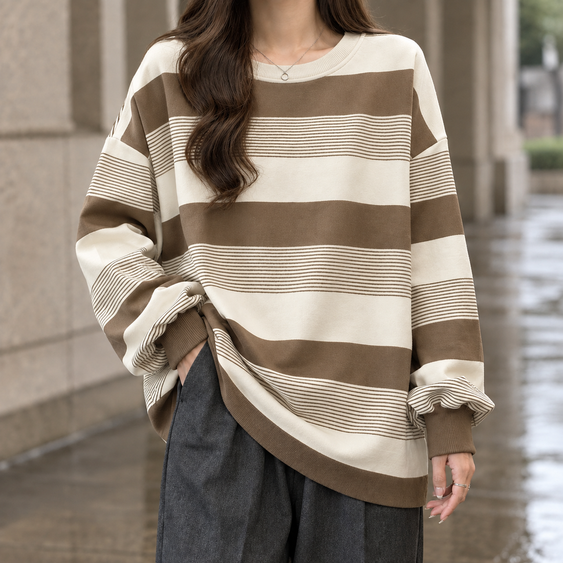 Annika-Pearl Relaxed Top - Khaki Stripes